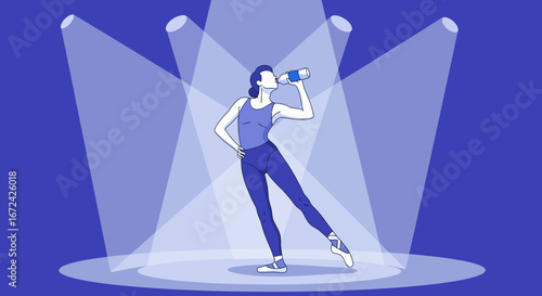 Athletic Woman Hydrating on Stage, Illuminated by Spotlights after Performing Her Best