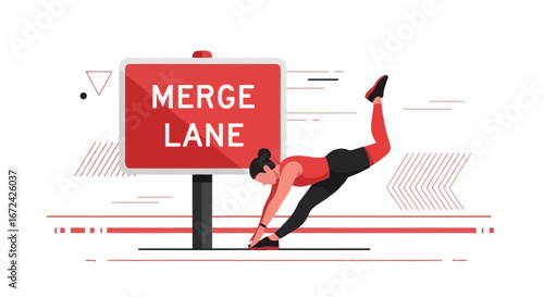 Athletic Woman Stretching Near The Merge Lane Road Sign Displaying Modern Athleticism