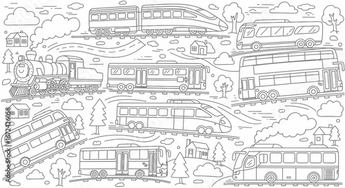 Diverse Collection of Public and Private Transportation Vehicles, Isolated White Background, Urban Travel Outline Coloring Page