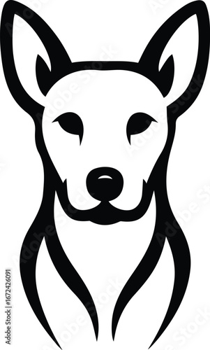 Stylized black dog head front view with alert ears, Bold dog face silhouette graphic design