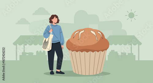 Attractive Woman Shopping Stands Near Gigantic Delicious Muffin at the Farmers Market