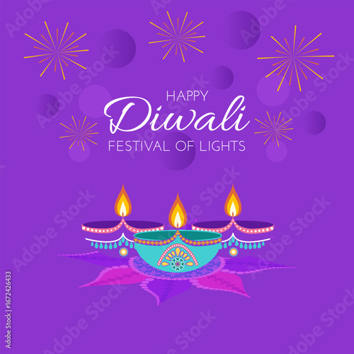 Diwali celebration card with lamps diyas and text in flat style. Deepavali vector illustration for banners, social media