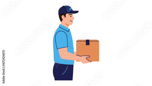 Delivery Service Illustration: A friendly delivery person, smartly dressed and radiating positivity, holds a cardboard package. Depicting efficiency and reliability