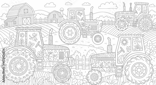 Detailed Outline Drawing of a Farm Scene with Tractors and Farm Buildings