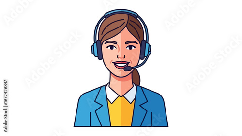 Helpful Assistant's Call: A friendly customer service representative, rendered in a modern flat illustration style, offers support and guidance with a warm smile, embodying reliability and expertise.