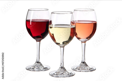 Wine glasses with red white and rose wine isolated on a white background With a clipping path Focus stacking