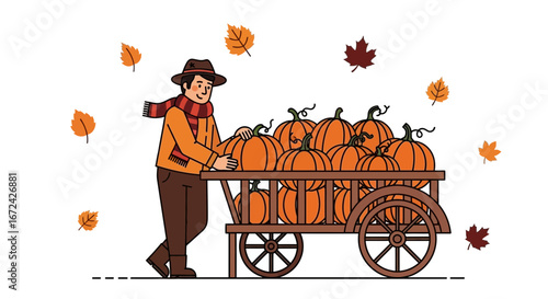 Autumn Harvest: Man Transports Pumpkins In A Wooden Cart With Falling Leaves