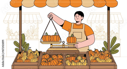 Autumn Harvest Market Stall: Fresh Pumpkins, A Merchant Weighing Produce, Vegetable Stall