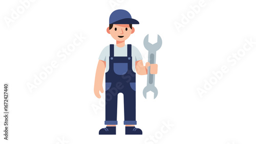 Mechanic Holding Wrench: A focused mechanic in a blue overall uniform, holding a wrench, epitomizing dedication and expertise in the field of repair and maintenance.