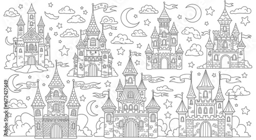 Wallpaper Mural Beautiful fairytale castles with turrets and flags under a starry sky on an isolated white background, magical kingdom line art. Torontodigital.ca