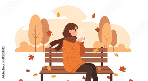 Autumn Serenity Woman Relaxes On Park Bench With Warm Beverage