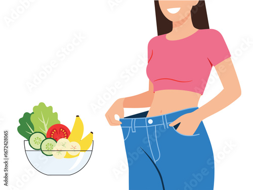 Happy woman showcases successful weight loss with loose jeans, next to a bowl of fresh fruits and vegetables, symbolizing a healthy diet and lifestyle