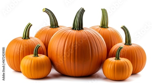 Group of orange pumpkins isolated on white background for autumn harvest