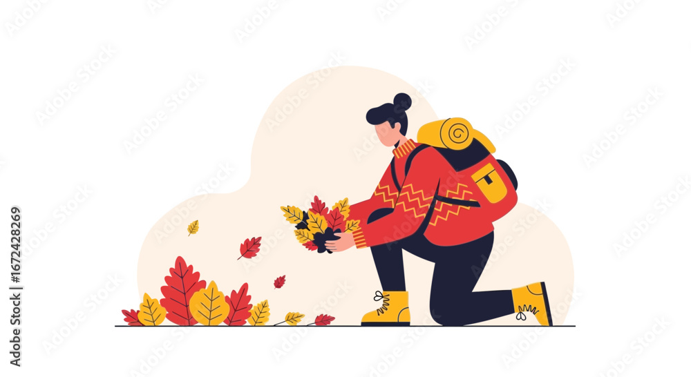 Fototapeta premium Autumnal Explorer Gathering Fallen Foliage During A Tranquil Outdoor Expedition
