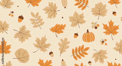 Autumnal Delight Seamless Pattern with Fall Leaves Pumpkins Acorns and Berries
