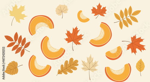 Autumnal Elements Depicted Including Pumpkin Slices And Beautifully Colored Leaves