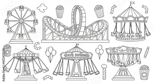 Detailed amusement park rides with a roller coaster and Ferris wheel on an isolated white background, festive carnival line art.