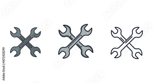 Three pairs of crossed wrenches in different shades and line styles