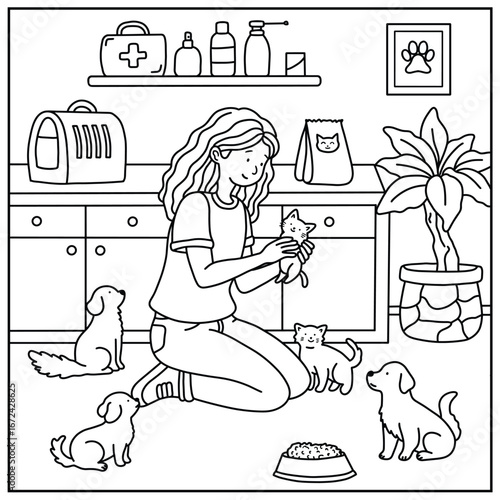 Comfy Girl with Cats and Dogs in Veterinary Clinic, Coloring Book