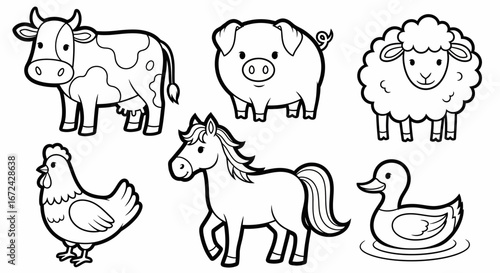 Adorable cartoon farm animals including a cow, pig, sheep, chicken, horse, and duck, black and white outline, isolated white background.