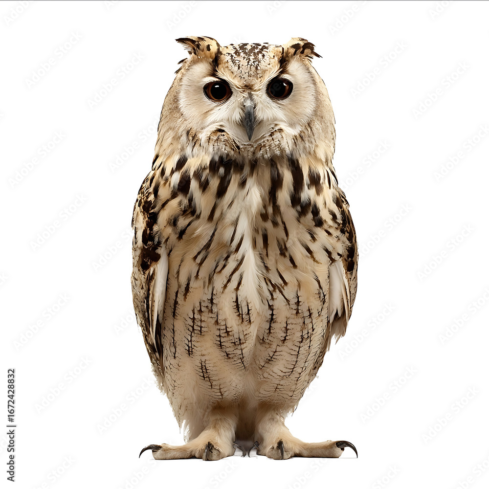 Naklejka premium Fullbody photograph of an owl isolated on a white background facing forward