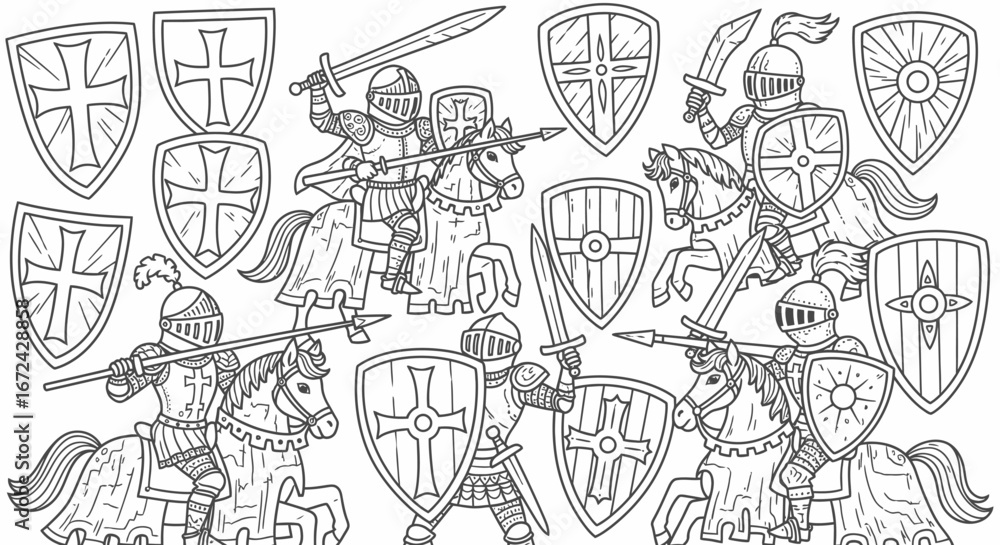 Obraz premium Brave medieval knights on horses with various decorative shields, ready for battle, black and white outline, isolated white background.