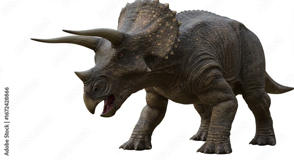 Fototapeta premium Triceratops robust steht majestatisch kraftvoll gegen weissen Hintergrund. AI Generated