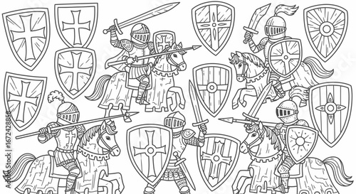 Brave medieval knights on horses with various decorative shields, ready for battle, black and white outline, isolated white background.