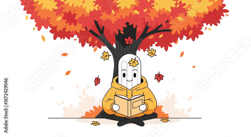 Autumnal Reading Under a Majestic Tree with Colorful Leaves and Smiling Character