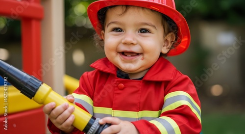 Kleines Kind lacht strahlend Feuerwehrmannkostum sonniges Licht draussen. AI Generated