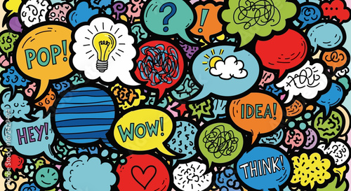 Vibrant and Dynamic Pattern of Colorful Speech Bubbles with Words and Communication Symbols in Doodle Style