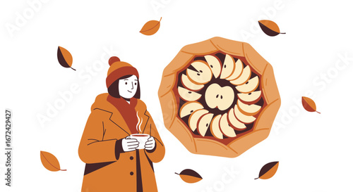 Autumnal Scene With Figure Enjoying Hot Beverage And Freshly Baked Apple Tart
