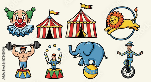 Colorful Circus Themed Doodle Collection with Clowns, Tents, and Performing Animals in Bright Studio
