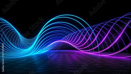Glowing neon light waves in blue and purple colors on dark abstract background
