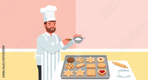 Baker Adorns Pastries With Sweet Dusting, Baking Delicious Treats, Confectionery, Enjoying Sweetness