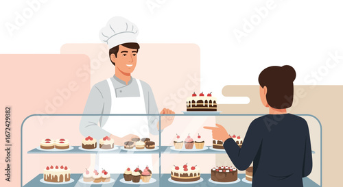 Baker And Customer Selecting Delicious Pastries From The Attractive Dessert Display
