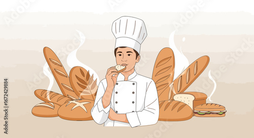 Baker Appreciates A Freshly Baked Bread Slice Amidst Variety Of Loaves And Delicacies