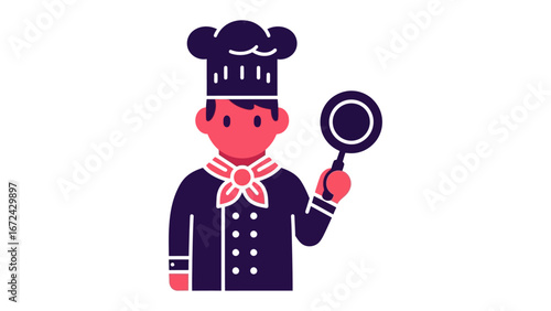 Chef holding frying pan: A vector illustration depicts a chef in their attire holding a frying pan, ready for culinary creation. this flat design, minimalist look represents cooking & gastronomy