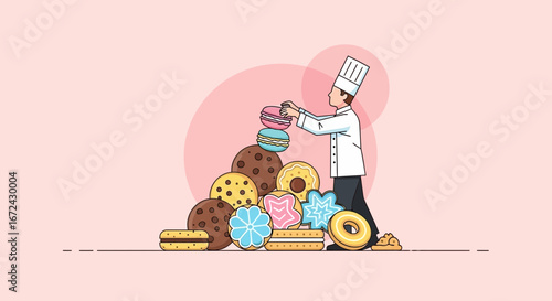 Baker Arranges Desserts: A Colorful Presentation of Sweet Treats and Macarons Display