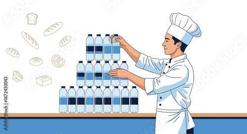 Baker Arranging Bottles Of Water Near Bread For Refreshment And Hydration