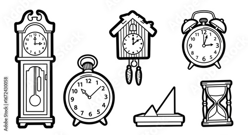 Hand Drawn Doodle Collection of Traditional Clocks and Time Measurement Devices on an isolated white background.