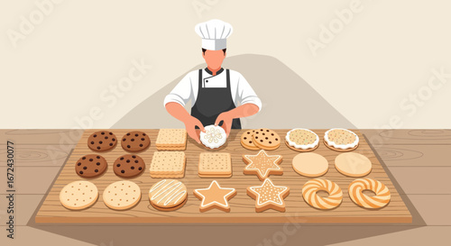 Baker Arranging Delightful Cookies and Treats on Wooden Surface for Presentation