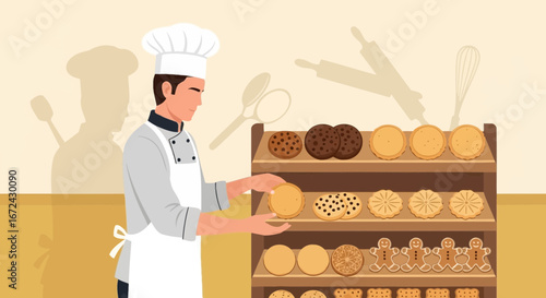 Baker Arranging Fresh Cookies on Display Shelf for Delicious Food Presentation