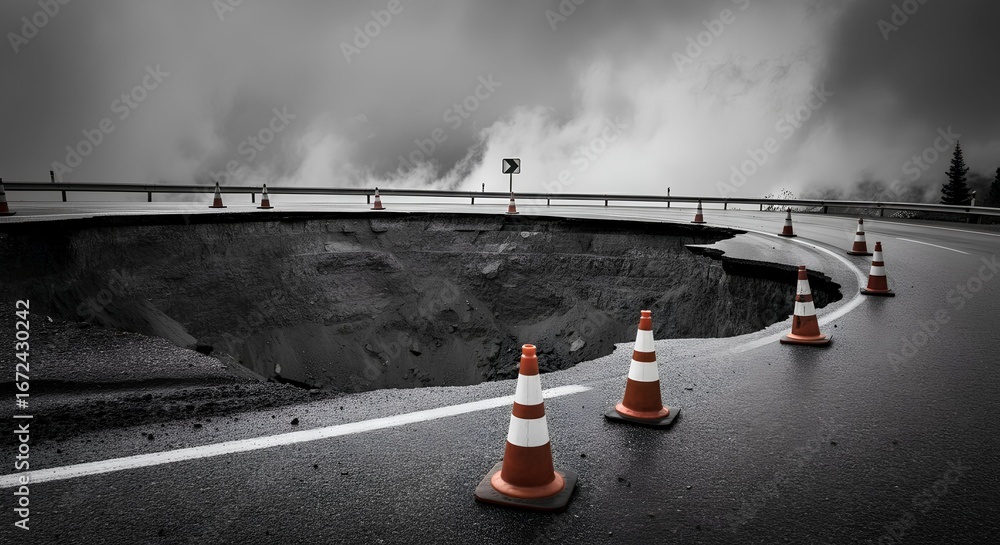 Obraz premium Road Collapse A Sinkhole Hazard Marked by Cones, Threatening Commuters