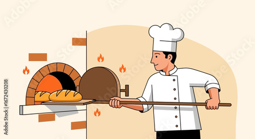 Baker Baking Artisan Bread In A Brick Oven Illustrative Vector Depiction