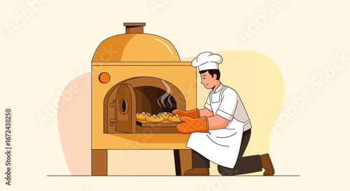 Baker Baking Freshly Baked Bread Loaves In a Traditional Oven Illustrative Concept