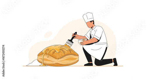 Baker Brushing a Sweet Glaze on a Freshly Baked Golden Pastry Delicacy