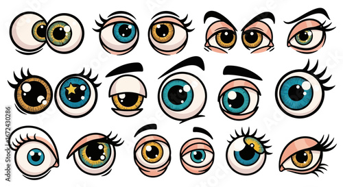 Diverse Collection of Expressive Cartoon Eyes with Various Colors and Facial Features on an isolated white background.