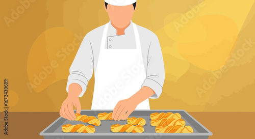 Baker Carefully Arranging Sweet, Freshly-Baked Twisted Pastries on a Tray for Presentation