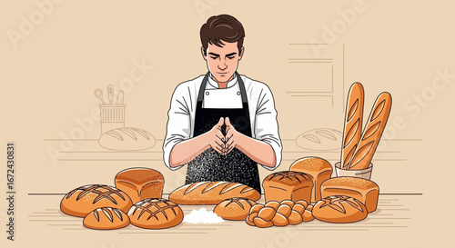 Baker Carefully Preparing Bread: Depiction of Flour Dusting Over Fresh Loaves